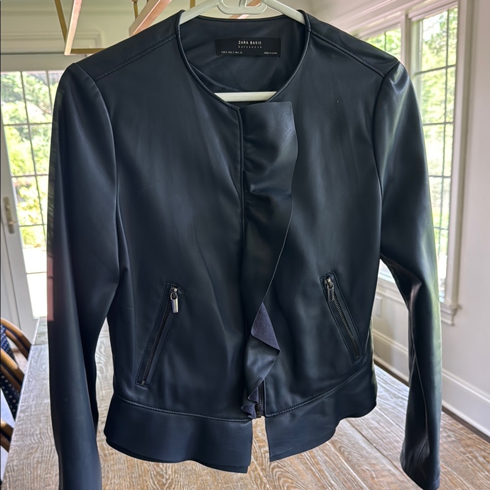 Zara Navy Peplum Vegan Leather Jacket Modern Sleek Design